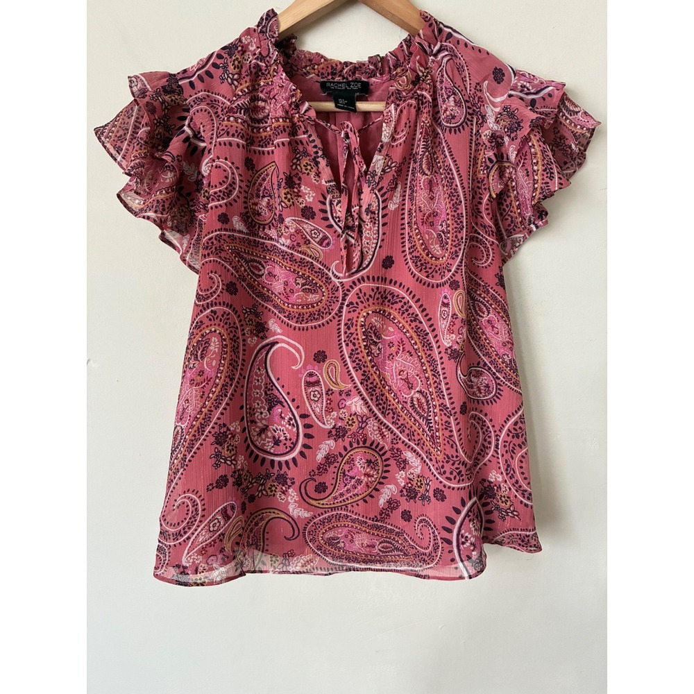 Rachel Zoe Boho Pink Paisley Metallic Flutter Sleeve Blouse Small Femme